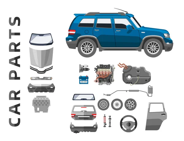 Araba servis parçaları düz oto mekanik tamir makineleri ve donanımları vektör çizim — Stok Vektör