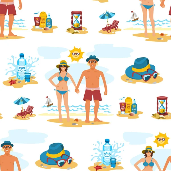 男と女のシームレスなパターン背景カップル休暇の夏の時間砂浜熱帯自然のベクトル図. — ストックベクタ