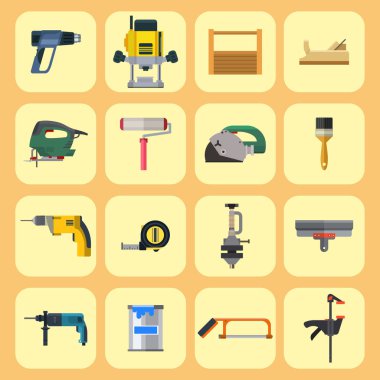 İnşaat yapı araçları sanayi işçisi ekipman vektör çizim marangoz.