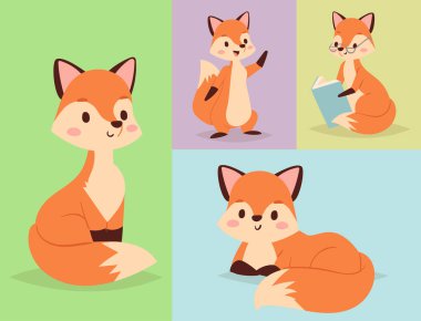 Fox karakteri farklı foxy etkinlikler komik mutlu doğa kırmızı kuyruk ve yaban hayatı turuncu orman hayvan stil grafik vektör çizim yapıyor.