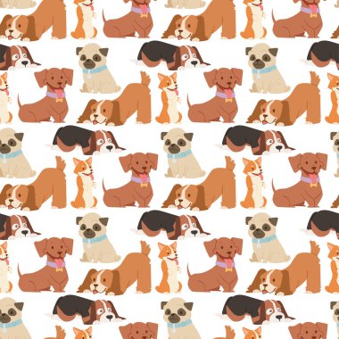 Yavru köpekler karakterler komik komik mutlu memeli safkan köpek doğurmak Dikişsiz desen arka plan vektör çizim oynarken şirin.