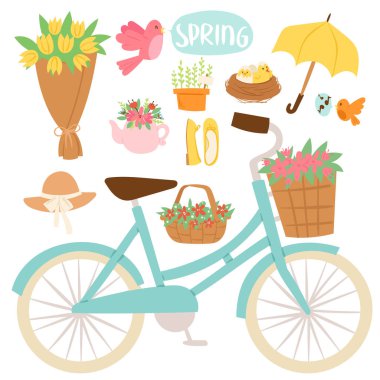 Elle çizilmiş öğeleri illüstrasyon vektör doğal çiçek çiçek Bahçe araçları güzellik tasarım ve doğa çim sezon şube bahar bahar.