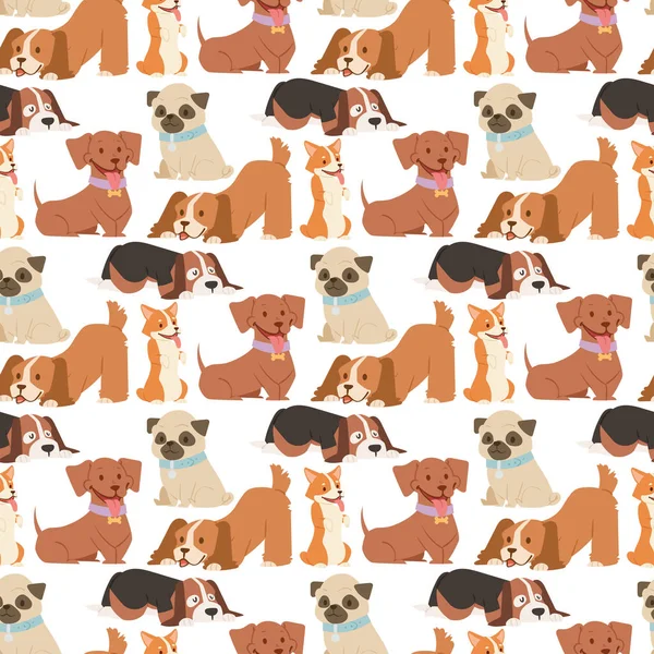 Yavru köpekler karakterler komik komik mutlu memeli safkan köpek doğurmak Dikişsiz desen arka plan vektör çizim oynarken şirin.