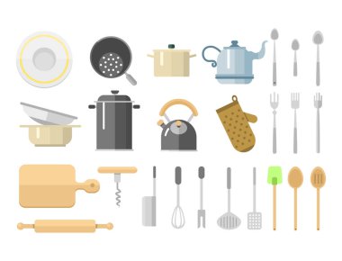 Mutfak yemekleri düz simgeler izole ev eşyası günlük yemekler mobilya illüstrasyon vektör.