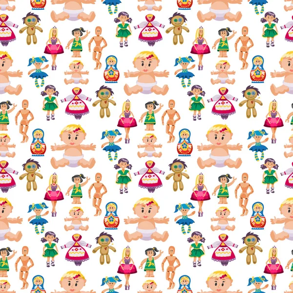 Farklı bebek oyuncak karakter oyun elbise Dikişsiz desen arka plan çiftlik korkuluk bez-bebek vektör çizim — Stok Vektör