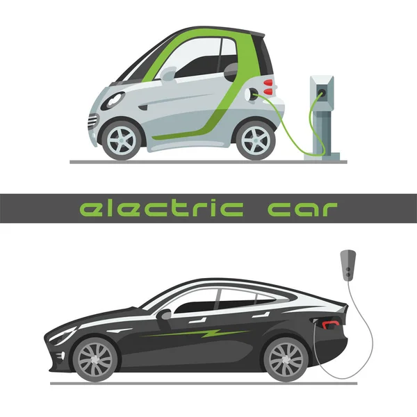 Electric car with solar panels eco transport vector illustration automobile socket electrical car battery charger. — Stock Vector