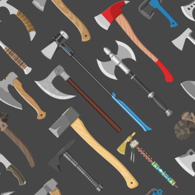 AX vektör metal balta ekipman ahşap sapı illüstrasyon inşaat ve eski araç Dikişsiz desen arka plan için keskin bıçak baltayla dizi