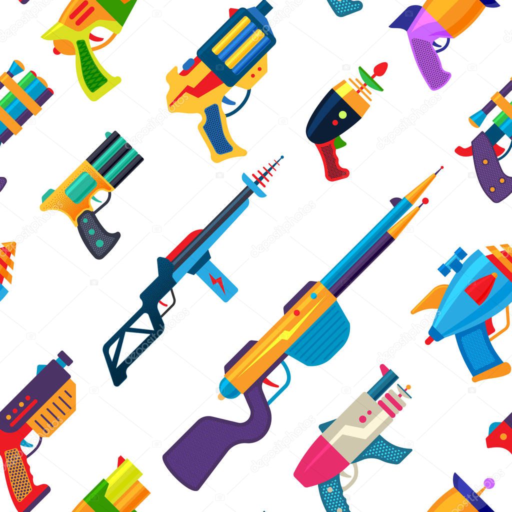Cartoon gun vector toy blaster for kids game with handgun and raygun of aliens in space illustration set of child pistols and laser weapon seamless pattern background
