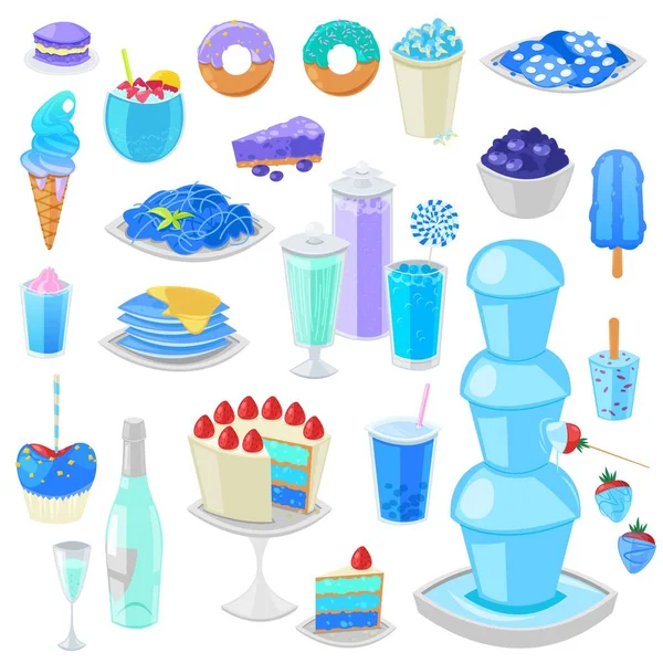 Blauwe voedsel vector blauwachtig cake met bosbessen en zoete dessert met blauwachtig dranken illustratie cyaan set van aquamarijn donut of blauwheid ijs geïsoleerd op witte achtergrond — Stockvector