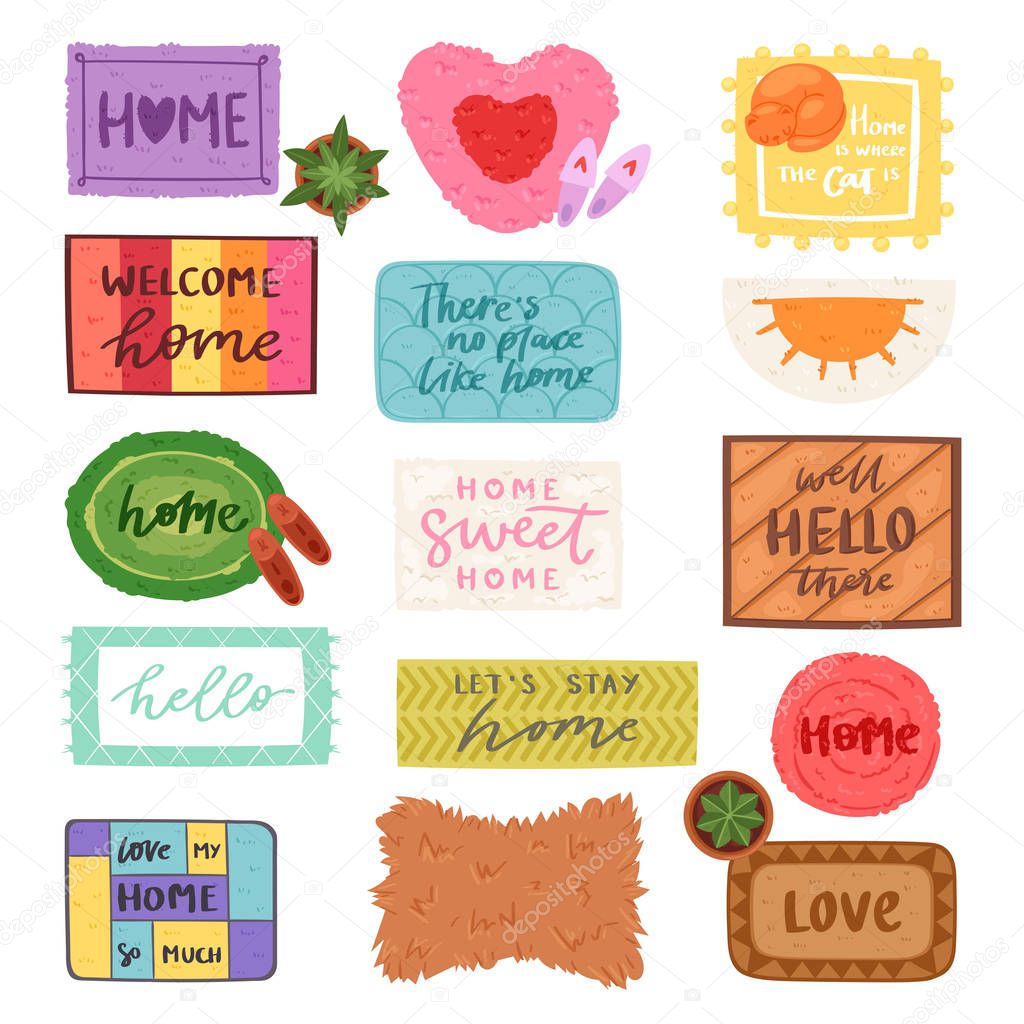 Home mat vector welcome doormat in front of house entrance and doorway matting rug for visitors illustration household set of homecoming enter decoration isolated on white background