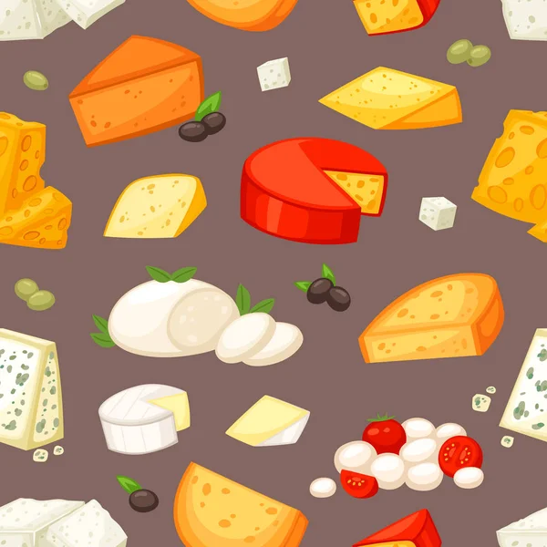 Queso vector alimentos queso y productos lácteos con conjunto cheeseparing ilustración de Suiza aperitivo mozzarella o cheddar para desayuno sin fisuras patrón de fondo — Archivo Imágenes Vectoriales