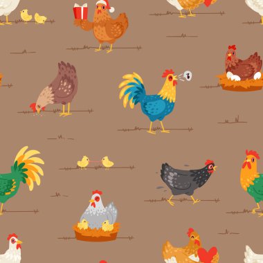 Tavuk vektör karikatür piliç karakter tavuk ve horoz bebek tavuk veya yumurta tavuk coop illüstrasyon küme kümese Dikişsiz desen arka planda yerli kuşların oturan tavuk aşık