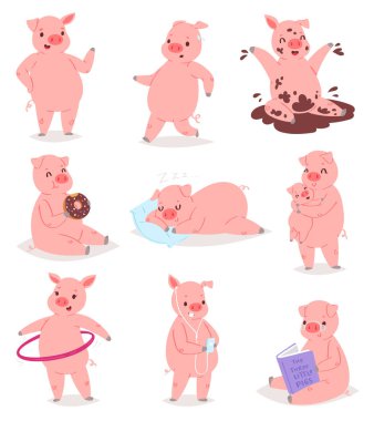 Çizgi film domuz vektör piglet veya domuz karakter ve beyaz arka plan üzerinde izole pigling bebek sarılma sebeb anne su birikintisi illüstrasyon bencilce kümesi pembe domuzcuk oynamak