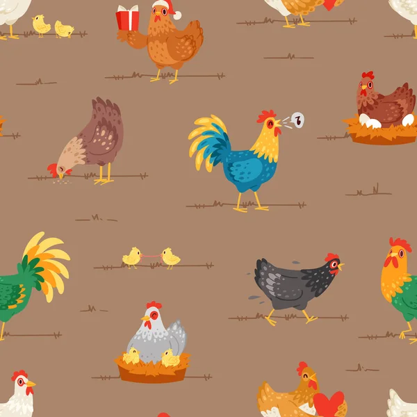 Pollo vector de dibujos animados pollo carácter gallina y gallo en el amor con pollos bebé o gallina sentado en los huevos en gallinero conjunto de ilustración de aves domésticas en gallinero sin costura patrón de fondo — Archivo Imágenes Vectoriales