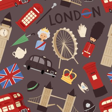 Londra seyahat simgeler İngilizce set şehir bayrak Avrupa Kültür İngiltere Turizm İngiltere'de geleneksel vektör çizim.