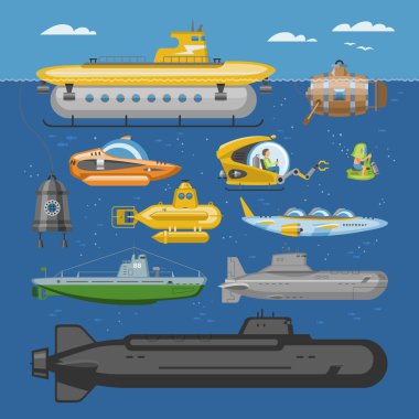 Denizaltı vektör deniz pigboat veya deniz Yelkenli sualtı ve derin okyanus illüstrasyon deniz kümesi üzerinde arka izole periscop ulaşım ile tekne nakliye gemi nakliyesi