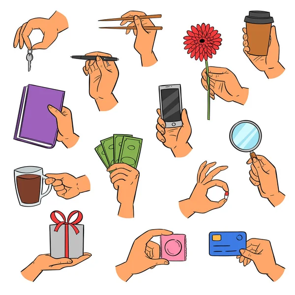 Hände Vektor Arm hält Smartphone oder Kaffeetasse und Finger zeigt Kreditkarten oder Geschenke Illustrationsset der Hand mit Buch oder Blume isoliert auf weißem Hintergrund — Stockvektor