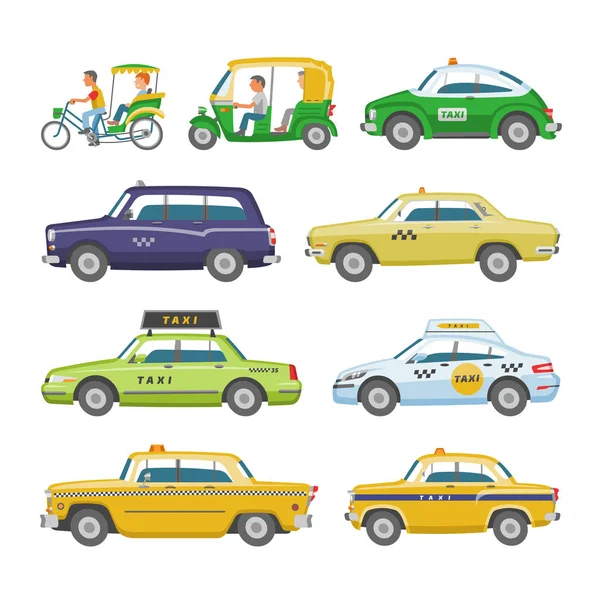 Taxi vector taxicab transporte y amarillo coche transporte ilustración conjunto de taxi de la ciudad auto en taxi-fila y taxista en automóvil aislado sobre fondo blanco — Vector de stock