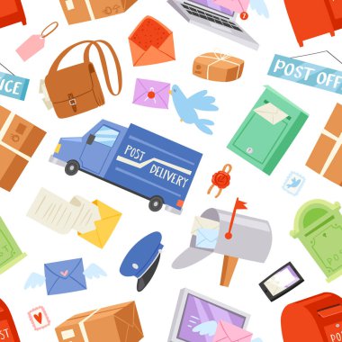 Postane vektör postacı posta postbox veya posta kutusu içinde teslim etmek ve letterbox illüstrasyon küme posta teslim hizmeti Dikişsiz desen arka plan harflerle yazı karakteri taşıyan gönderilecek