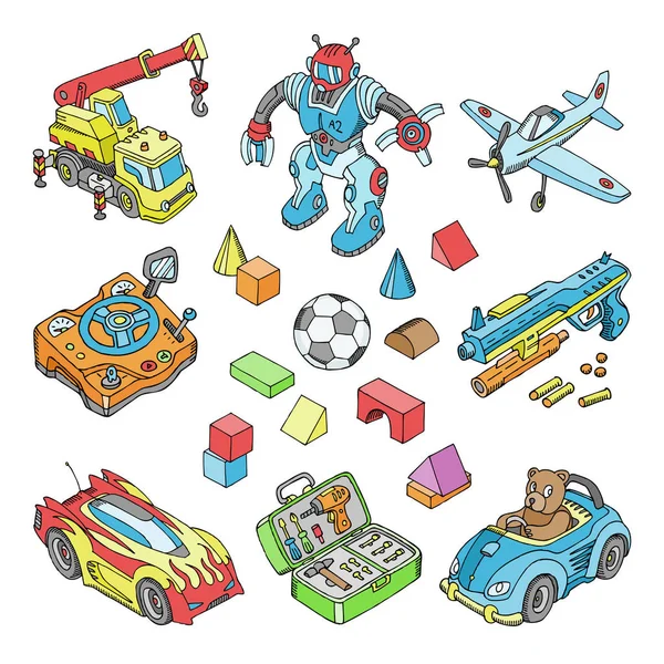 Crianças brinquedos vetor cartoon boyish jogos na sala de jogos e brincar com carro ou crianças blocos ilustração isométrica conjunto de ursinho de pelúcia e avião ou robô para meninos isolados em fundo branco —  Vetores de Stock