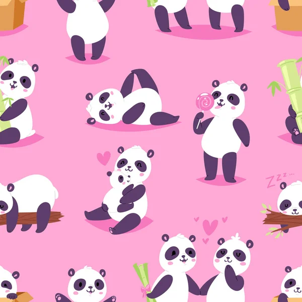 Panda vettore bearcat o orso cinese con bambù innamorato giocare o dormire illustrazione set di gigante panda lettura libro o mangiare gelato isolato su sfondo — Vettoriale Stock