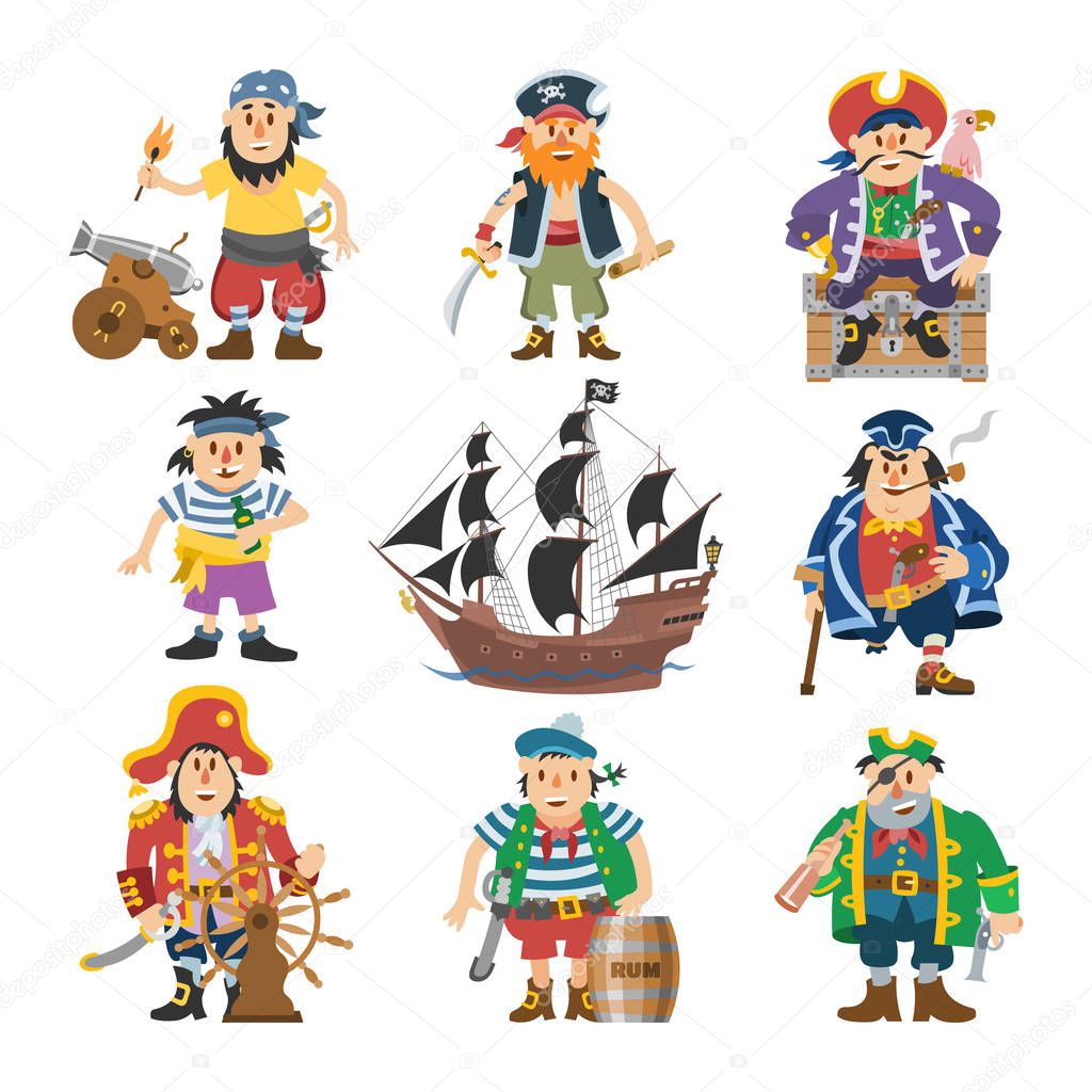 Pirate vector piratic character buccaneer man in pirating costume in hat with sword illustration set of piracy sailor person and ship or sailboat isolated on white background
