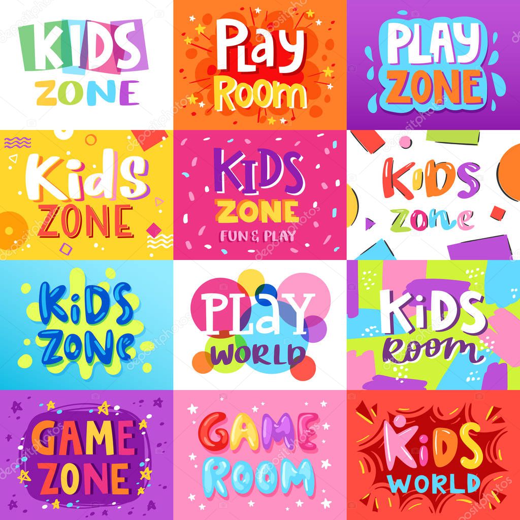 Game room vector kids playroom banner in cartoon style for children play zone decoration illustration set of childish lettering label for kindergarten decor background.