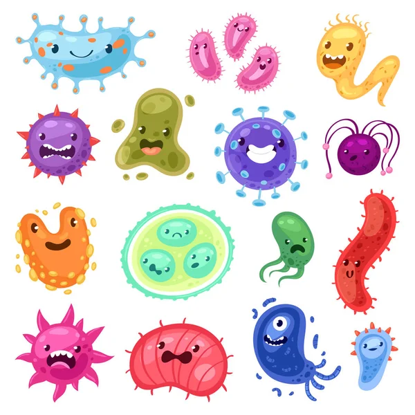 Viren Vektor Karikatur Bakterien Emoticon Charakter der bakteriellen Infektion oder Krankheit in der Mikrobiologie Illustration Mikrobiologie Satz von Mikroben Organismus Emotionen isoliert auf weißem Hintergrund — Stockvektor