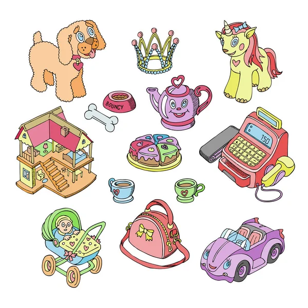 Juguetes para niños vector de juegos de dibujos animados para niños en la sala de juegos y jugando con coche infantil o muñeca niña cochecito ilustración conjunto de unicornio o perro aislado sobre fondo blanco — Archivo Imágenes Vectoriales