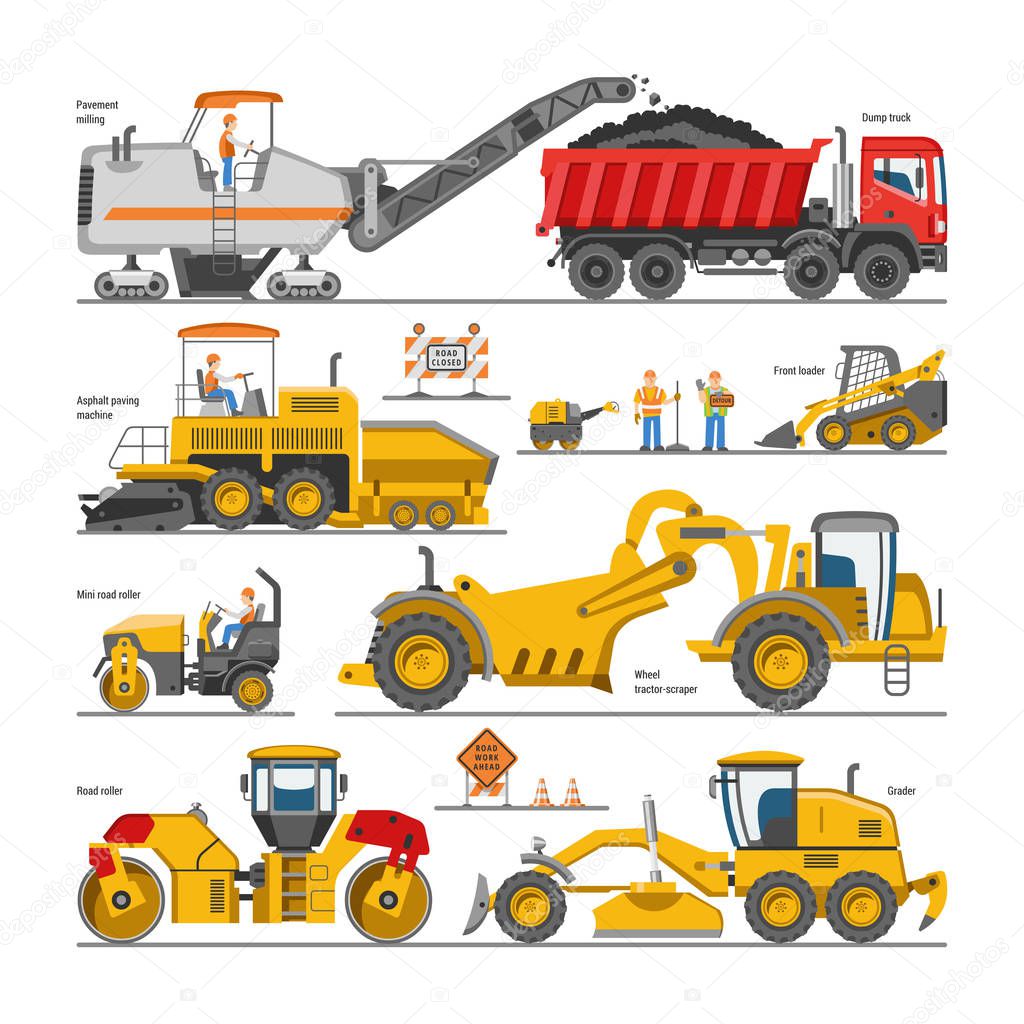 Excavator for road construction vector digger or bulldozer excavating with shovel and excavation machinery illustration set of constructive vehicles and digging machine isolated on white background