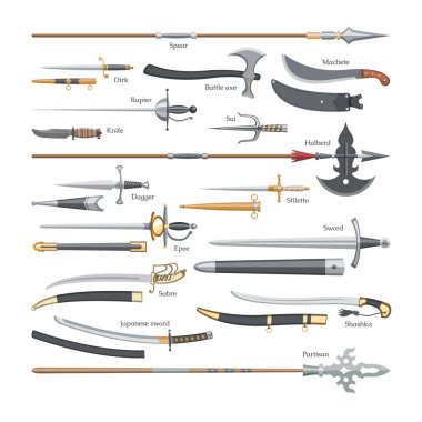 Kılıç vektör Knight Ortaçağ silah keskin bir bıçak ve korsanlar illüstrasyon broadsword dizi battle-axe veya kaybettiğini ve beyaz arka plan üzerinde izole mızrak bıçak