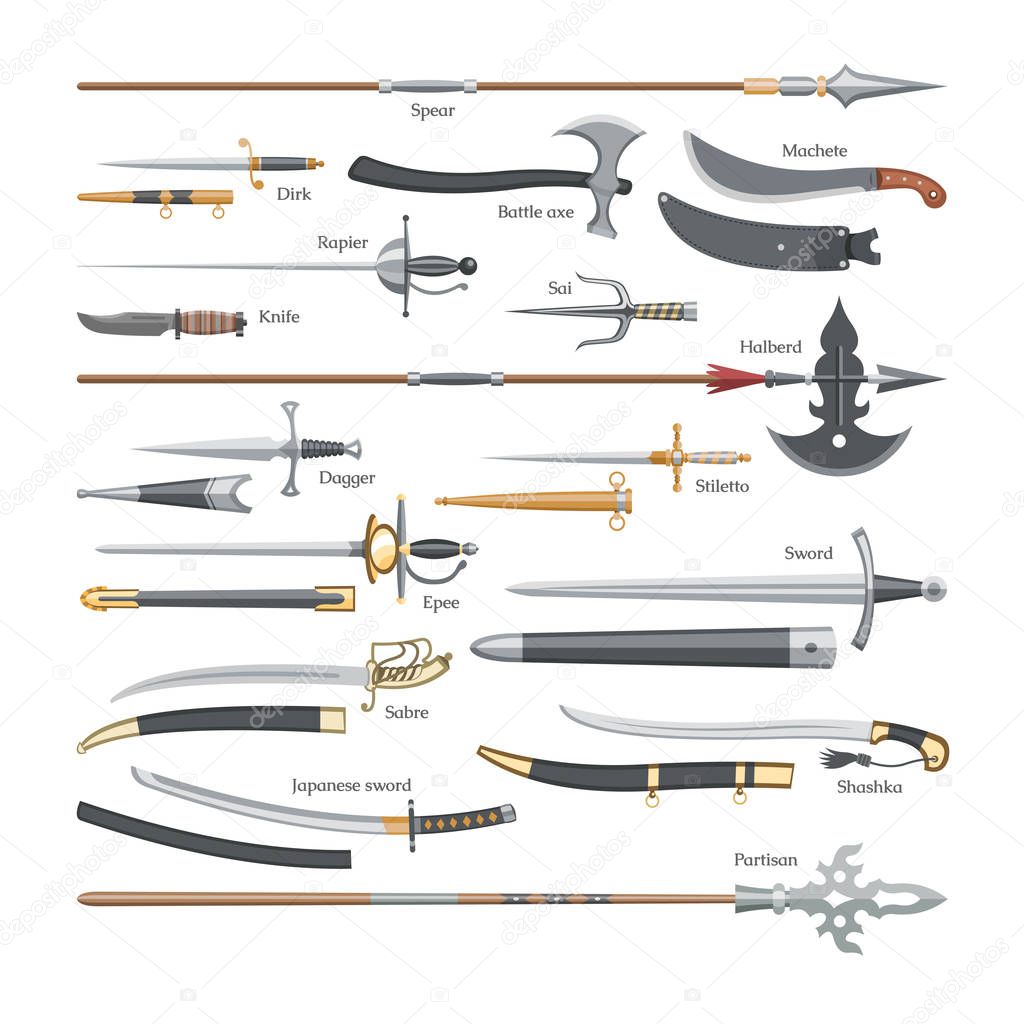 Sword vector medieval weapon of knight with sharp blade and pirates knife illustration broadsword set of battle-axe or knifepoint and spear isolated on white background