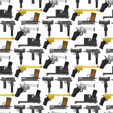 Keskin nişancı Dikişsiz desen arka plan mermi silah vektör silah tabanca submachine saldırı tüfekleri. Şiddet ateşli silah polis tabanca mühimmat illüstrasyon.