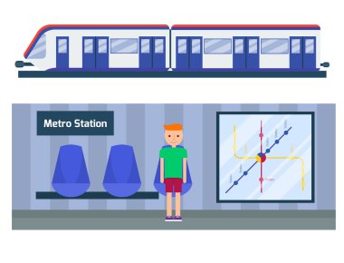 Metro İstasyonu'na ulaşım modern demiryolu yolculuk transit tünel araç hizmeti vektör çizim.