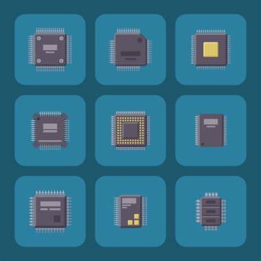 CPU Mikroişlemciler mikroçip vektör çizim donanım bileşeni ekipmanları.