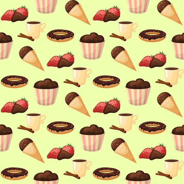 Schokolade verschiedene leckere Süßigkeiten nahtlose Muster Hintergrund Bonbons süß braun köstlich Gourmet Zucker Kakao Snack Vektor Illustration — Stockvektor