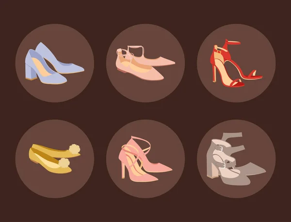 Scarpe da donna design piatto vettore calzature negozio di scarpe annuncio moda stivali collezione disegnato a mano stile di pelle colorato mocassini illustrazione usura — Vettoriale Stock