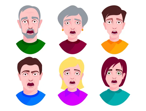 Les gens horreur visages vecteur extrêmement surpris jeune choc portrait effrayé personnage émotions peur expression personne avec bouche ouverte illustration . — Image vectorielle