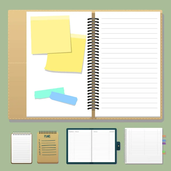 Conjunto de cuadernos realistas abiertos con páginas diario hoja de oficina plantilla folleto y papel en blanco educación copybook organizador vector ilustración . — Vector de stock