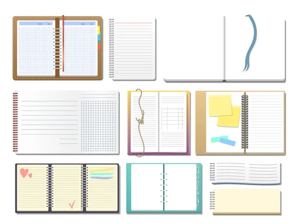Σύνολο των ανοιχτών σημειωματαρίων ρεαλιστική με σελίδες ημερολόγιο γραφείου φύλλο πρότυπο φυλλαδίου και κενό χαρτί εκπαίδευση copybook διοργανωτής διανυσματικά εικονογράφηση. — Διανυσματικό Αρχείο