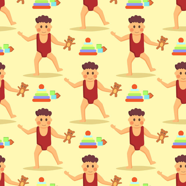 Happy laughing baby wearing cute clothing seamless pattern background preschool little kids children first walking cheerful infants flat vector illustration.