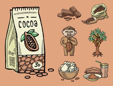 Çizilmiş kroki doodle yiyecek çikolata tatlı illüstrasyon vektör kakao ürünleri el.