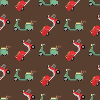 Retro vektör vespa scooter motosiklet seyahat etmek seamless modeli arka plan motosiklet teslim araç tasarlamak.