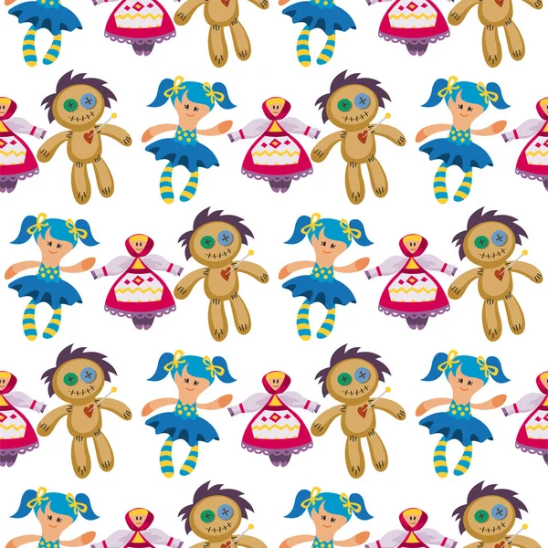 Verschiedene Puppen Spielzeug Charakter Spiel Kleid nahtlose Muster Hintergrund Bauernhof Vogelscheuche Lappen-Puppe Vektor Illustration — Stockvektor