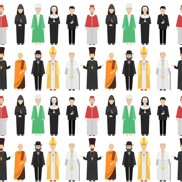 Religión personas personajes vector grupo de diferentes nacionalidades humano usando ropa tradicional sin costuras patrón de fondo . — Archivo Imágenes Vectoriales