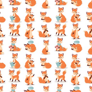 Fox karakteri farklı etkinlikler komik mutlu doğa kırmızı seksi sevimli sevimli kuyruk ve yaban hayatı turuncu orman hayvan Dikişsiz desen arka plan vektör çizim yapıyor.