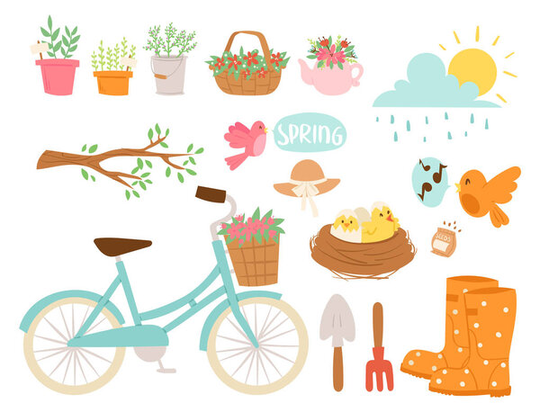 Spring natural floral blossom gardening tools beauty design and nature grass season branch springtime hand drawn elements vector illustration.