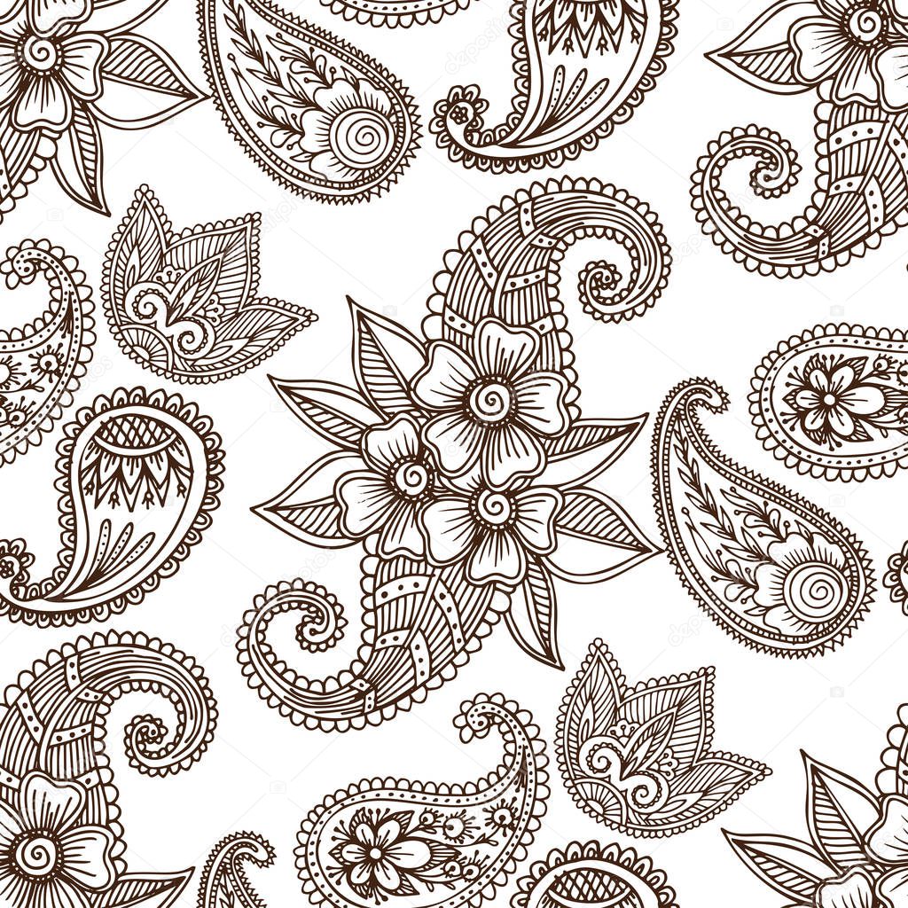 Henna tattoo mehndi flower doodle ornamental decorative indian design pattern paisley arabesque mhendi embellishment seamless pattern background vector.