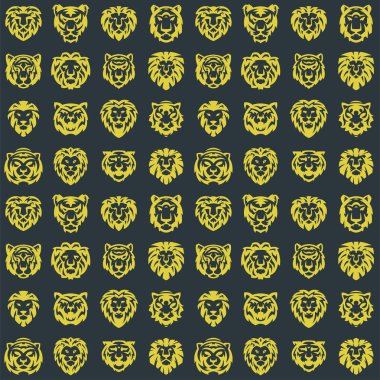 Aslan ve kaplan Dikişsiz desen arka plan gücü yırtıcı güç yaban kedisi vektör çizim yüz.