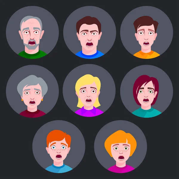 Les gens horreur visages vecteur extrêmement surpris jeune choc portrait effrayé personnage émotions peur expression personne avec bouche ouverte illustration . — Image vectorielle